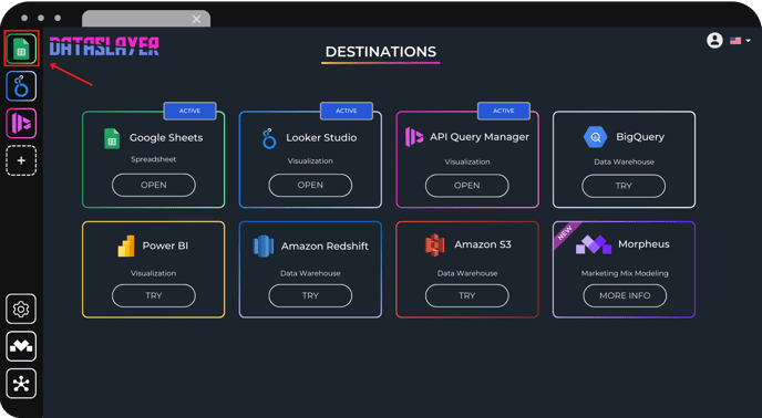Left menu showing Google Sheets and Looker Studio options to select