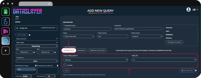 Pantalla de configuración de consultas en Dataslayer con Google Ads como origen y Snowflake como destino, mostrando la opción de sincronización programada activada cada hora