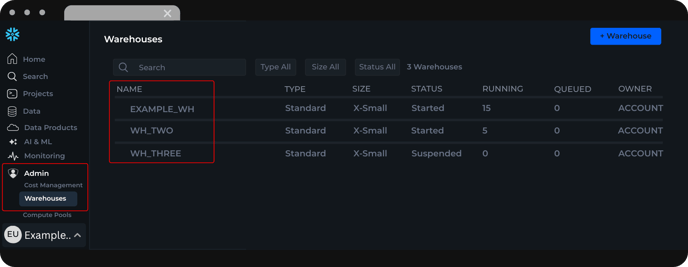 Available Snowflake warehouses including EXAMPLE_WH for executing Dataslayer queries