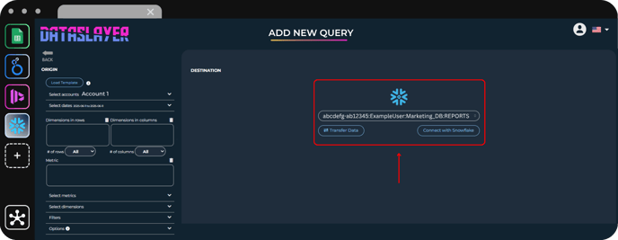 Established Snowflake connection showing destination identifier.