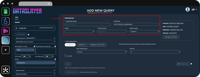 Destination section to enter transfer name, table name, timezone, and write mode