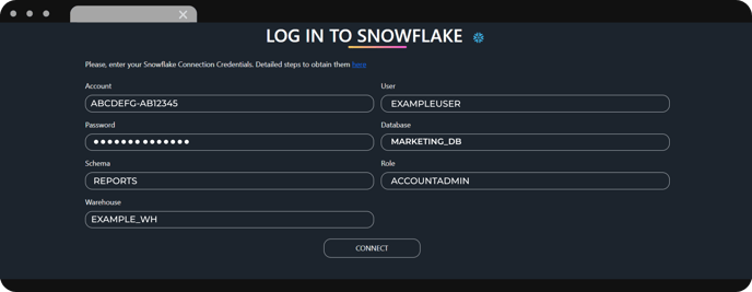 Completed Snowflake login form in Dataslayer with example credentials for connecting