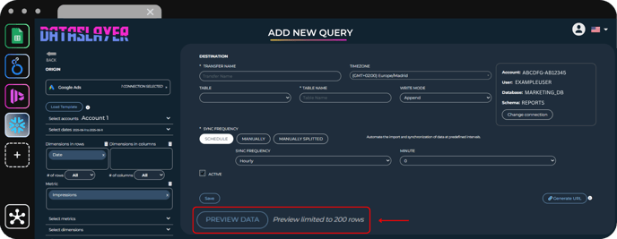 Preview data button showing limit of 200 rows before running full query.