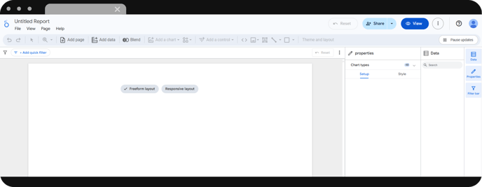Editor de informes de Looker Studio mostrando un lienzo en blanco con opciones de diseño, filtros y tipos de gráficos disponibles.