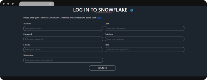 Login screen for Snowflake integration in Dataslayer showing required connection credentials