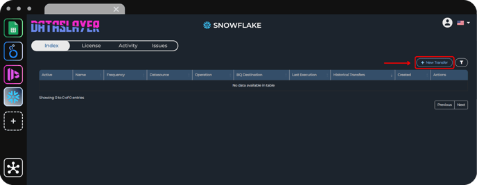 Snowflake view in Dataslayer with a button to create a new transfer.
