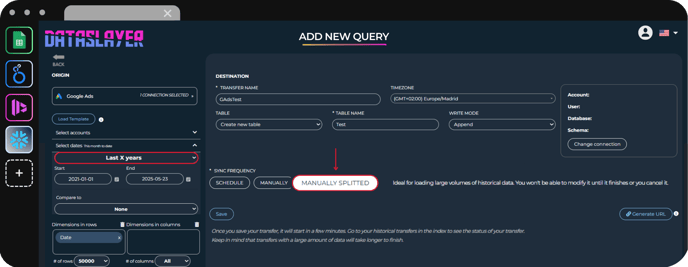 Opción de Dataslayer para dividir manualmente la sincronización de datos en partes más pequeñas con control personalizado