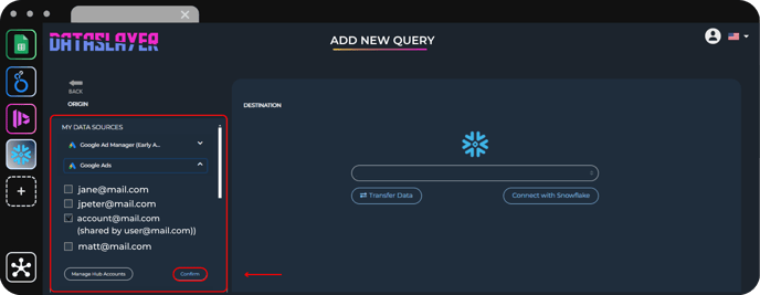 Selecting a Google Ads account as data source in Dataslayer.