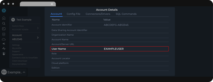 Snowflake account details displaying username used for Dataslayer connection