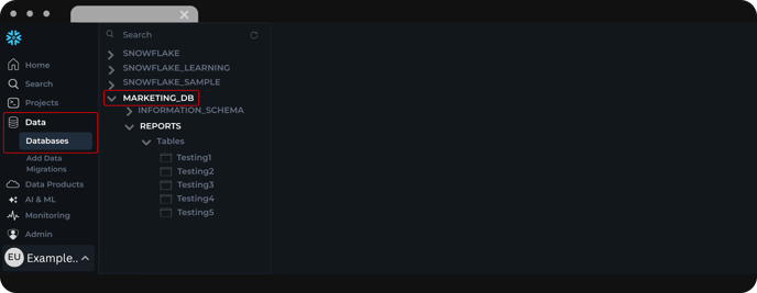 Selected database in Snowflake UI named MARKETING_DB for use in Dataslayer queries