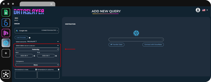 Date range selection for querying Google Ads data.