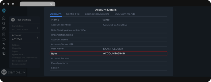 Snowflake account role set to ACCOUNTADMIN for integration with Dataslayer