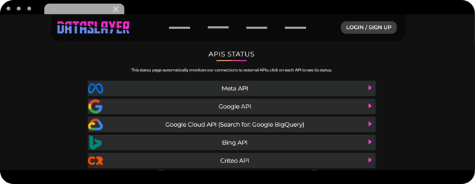 Screenshot from Dataslayer showing a list of links to official API status pages, allowing users to check real-time operational updates directly on each provider's site.