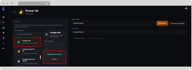 Dataslayer query setup showing hub account and account selection