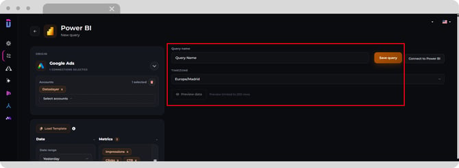 Dataslayer query settings showing the Save query option