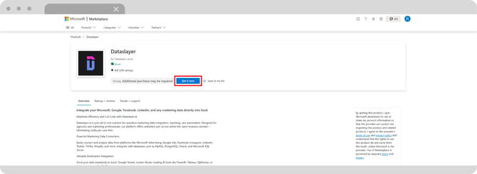 Página de Microsoft AppSource con el complemento de Dataslayer para Excel y el botón Get it now.