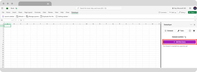 Barra lateral de Dataslayer en Excel con el botón Add New Query.