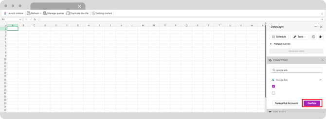Interfaz de consultas de Dataslayer en Excel con la fuente de datos y la cuenta seleccionadas.
