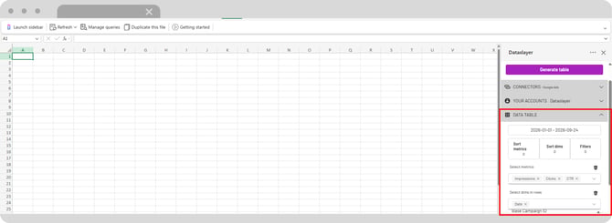 Configuración de una consulta de Dataslayer en Excel con filtros y opciones avanzadas.