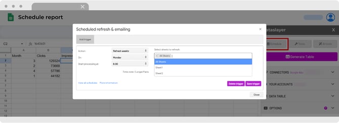 Dataslayer scheduling settings for Google Sheets reports
