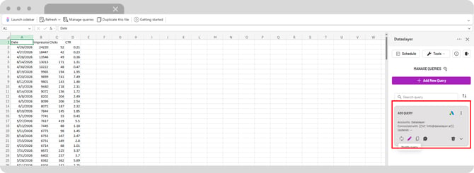 Vista Manage Queries de Dataslayer en Excel con las acciones disponibles para una consulta existente.