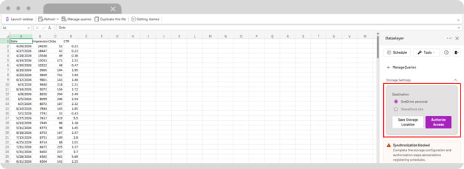 Configuración de programación de Dataslayer en Excel con las opciones de almacenamiento OneDrive y SharePoint.