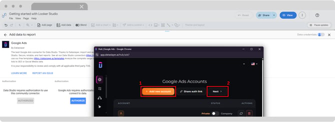 Pantalla de autorización del conector de Dataslayer en Data Studio