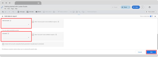 Pantalla de configuración del conector de Dataslayer para seleccionar una cuenta o propiedad