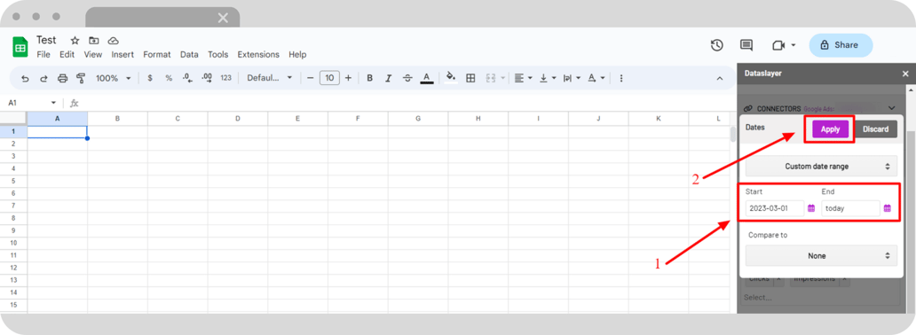 Dataslayer date range, dimensions and metrics settings