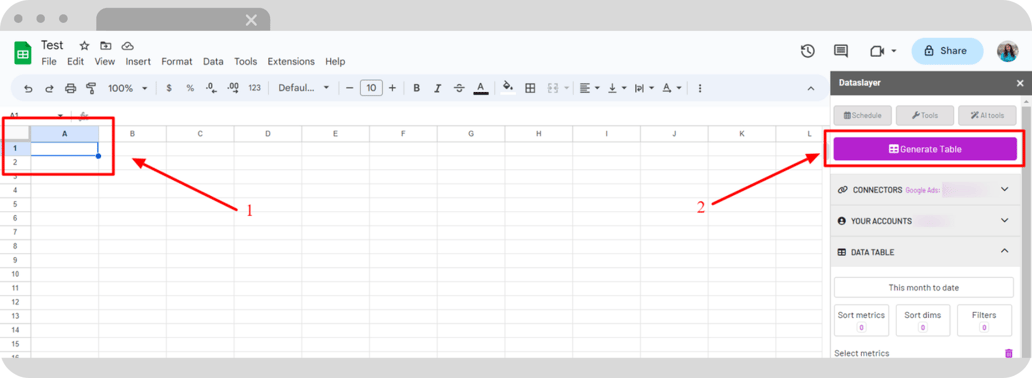 Generated Dataslayer query table in Google Sheets