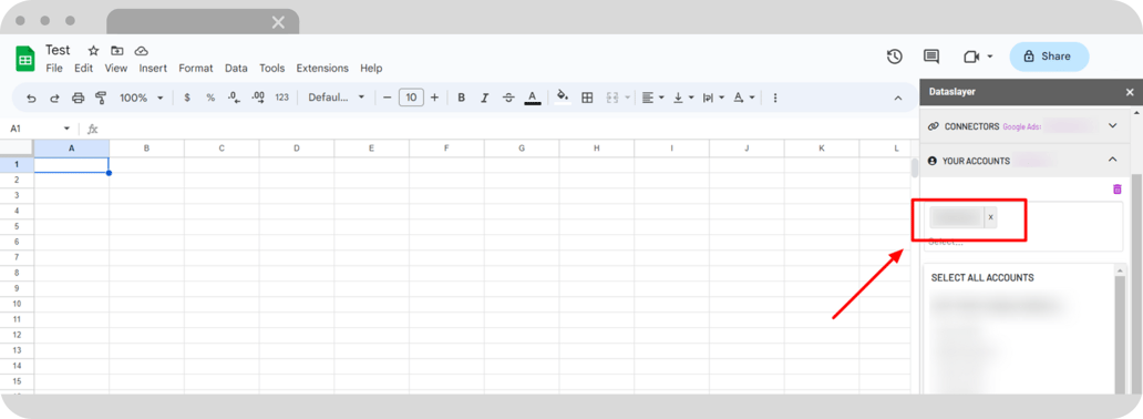 Account selection in the Dataslayer Google Sheets add-on