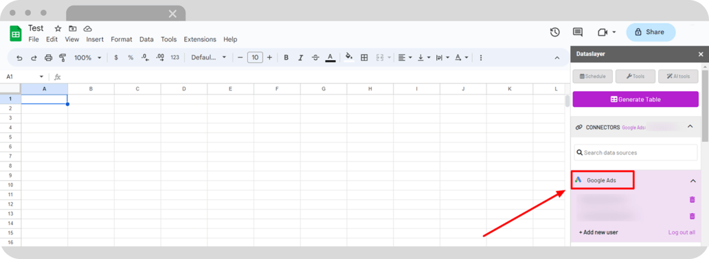 Dataslayer connector selection in Google Sheets