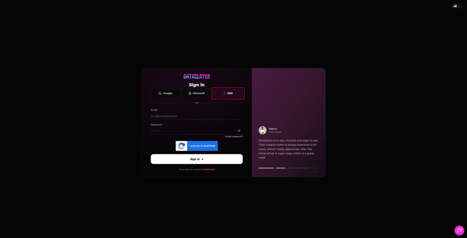Dataslayer sign-in page showing the SSO login option