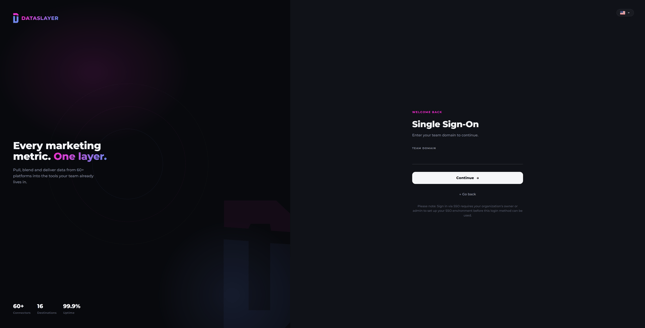 Dataslayer SSO login page with the Team Domain field