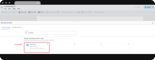 nterfaz de Looker Studio para añadir datos, con el conector de Snowflake resaltado entre los conectores disponibles.