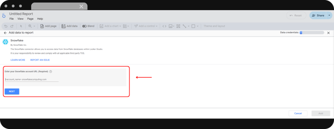 Campo de entrada en Looker Studio para escribir la URL de la cuenta de Snowflake antes de continuar con la conexión.