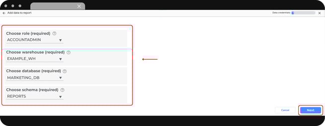 Menú desplegable en Looker Studio para seleccionar el rol, warehouse, base de datos y esquema de Snowflake requeridos.