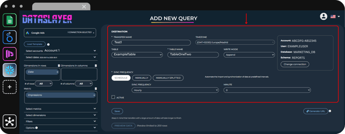 Sección de configuración de destino con nombre de transferencia, tabla, zona horaria y modo de escritura.