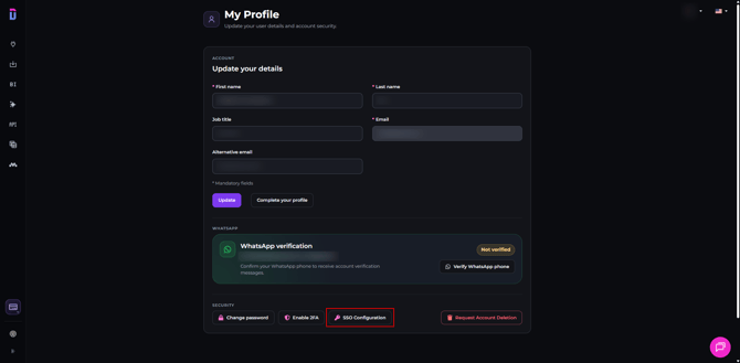 Dataslayer Profile page showing the SSO Configuration button