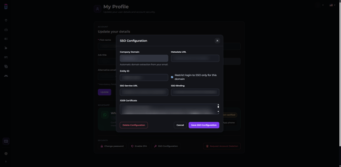 Dataslayer SSO Configuration window showing SAML settings