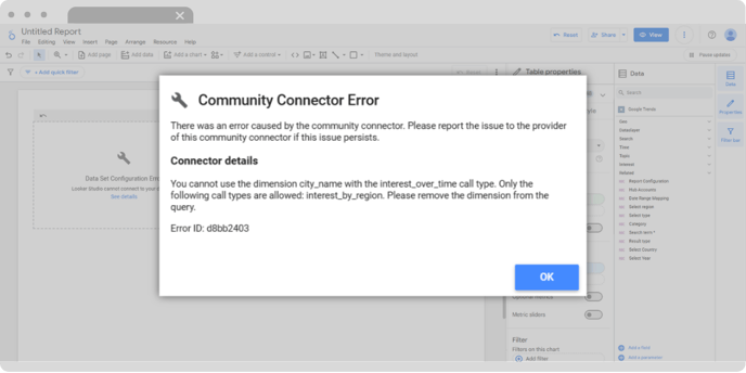 Mensaje de error en Google Looker Studio Community Connector que indica incompatibilidad entre la dimensión "city_name" y el tipo de llamada "interest_over_time", sugiriendo usar "interest_by_region" en su lugar.