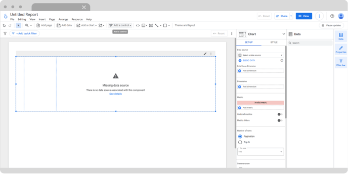 Looker Studio interface displaying a 'Missing Data Source' error, indicating that the connected data source is unavailable or not configured.