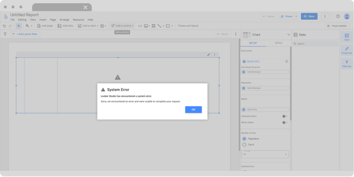 Looker Studio interface displaying a 'System Error' message, indicating that data source or server issue preventing the request from being processed.
