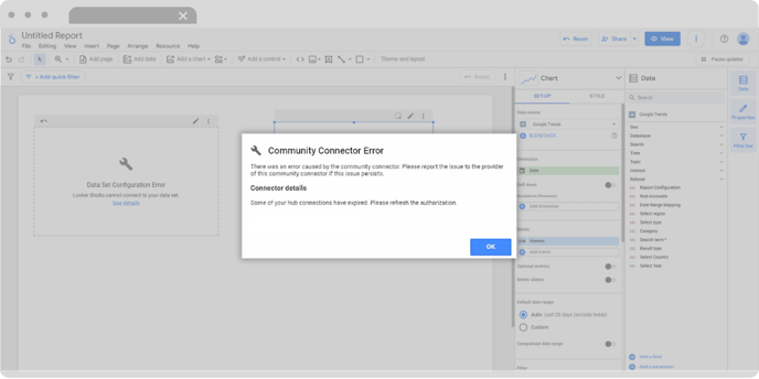 Looker Studio interface displaying a 'Hub connection expired' error, indicating that the connection to the data hub has timed out or needs to be reauthenticated