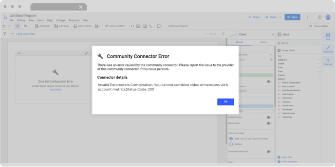 Looker Studio interface displaying an 'Invalid Parameters Combination' error, indicating that the selected metrics and dimensions are incompatible or incorrectly configured