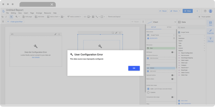 Looker Studio interface displaying a 'Data Source Improperly Configured' error, indicating that the connected data source has missing or incorrect settings