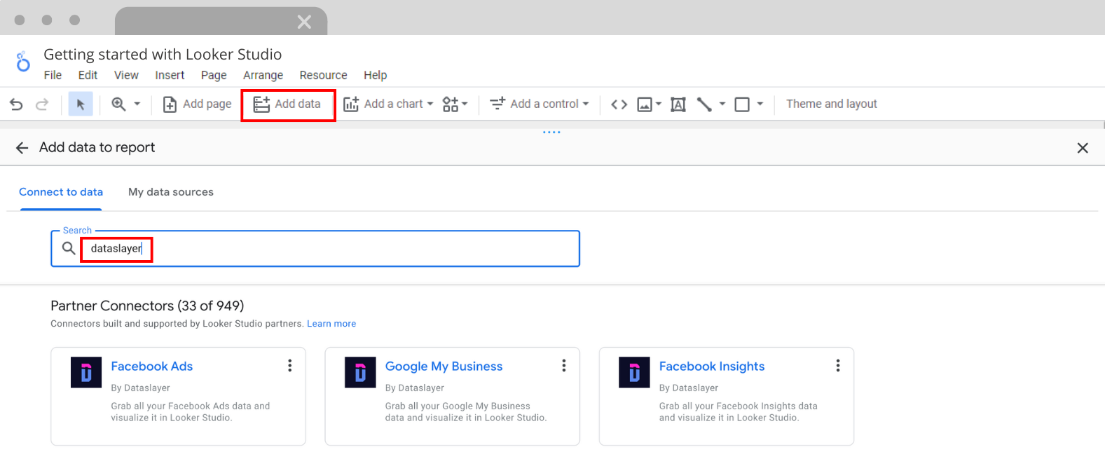 Galería de conectores de Data Studio con Dataslayer en los resultados de búsqueda